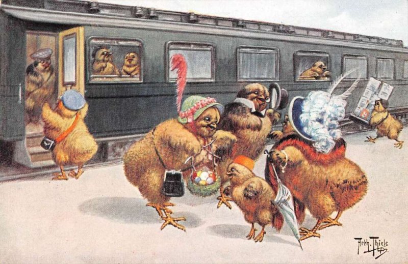Dressed Chicks at Train Station Saying Goodbye Thiele Signed Postcard AA52478