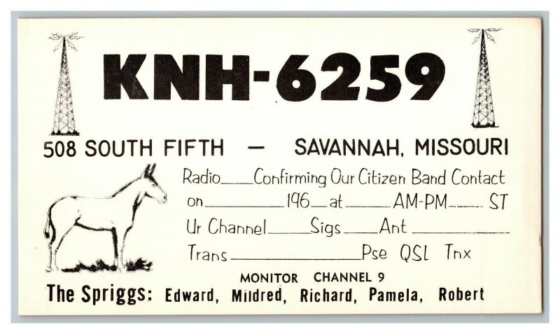 QSL Radio Card From Savannah Missouri KNH-6259