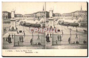 Italy Italia Postcard Old Turin Piazza Vittorio Emanuele (train)