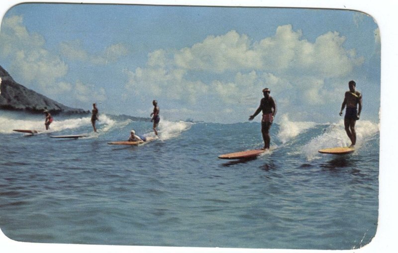 Postcard Waikiku Hawaii Surfers 1955