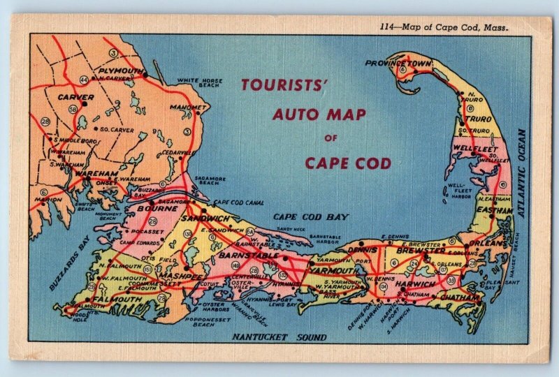 Cape Cod Massachusetts Postcard Tourists Auto Map Midcape c1940 Vintage Antique