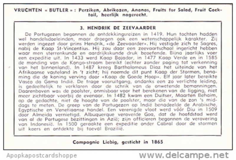 Liebig Trade Card S1680 History Of Portugal No 3 Hendrik de Zeevaarder