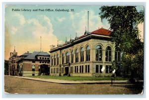 c1910 Public Library and Post Office Galesburg Illinois IL Antique Postcard