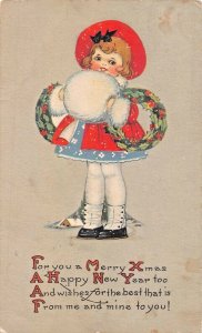 CUTE GIRL-MUFF~FOR YOU A MERRY CHRISTMAS-HAPPY NEW YEAR~1924 POSTCARD