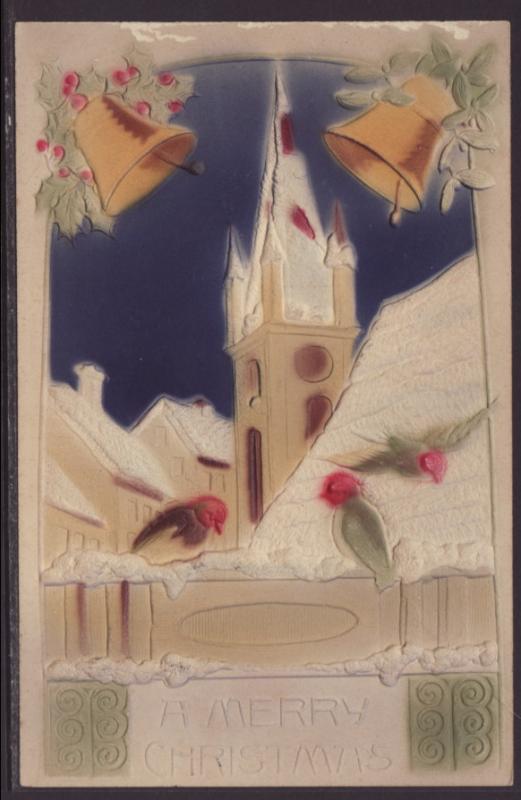 A Merry Christmas,Church,Bells,Birds Embossed Postcard