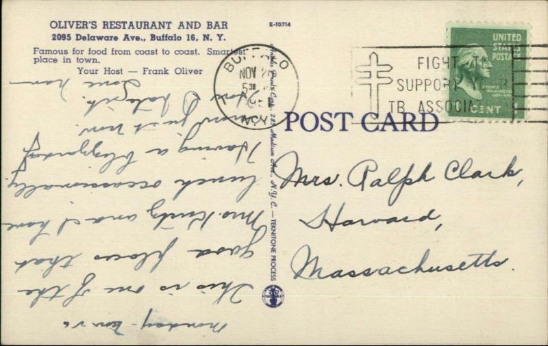 Buffalo NY Oliver's Restaurant & Bar Linen Postcard