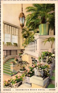 Linen Postcard Entrance to Edgewater Beach Hotel in Chicago, Illinois