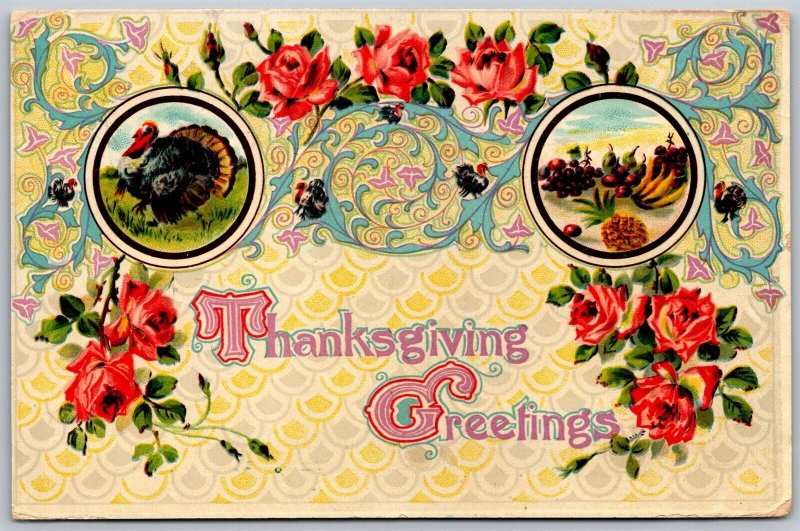 Vtg Thanksgiving Greetings Turkey Flowers Fruit 1910s WInsch Back Postcard