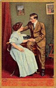 HIS ARDENT PLEAS-HE STEALS HER HAND OFF TYPEWRITER KEYS~1910 ROMANCE POSTCARD