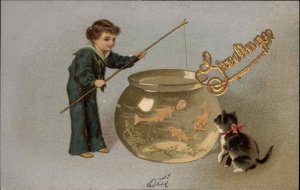 Little Boy in Sailor Suit and Kitten Fish from Goldfish Bowl c1910 Postcard