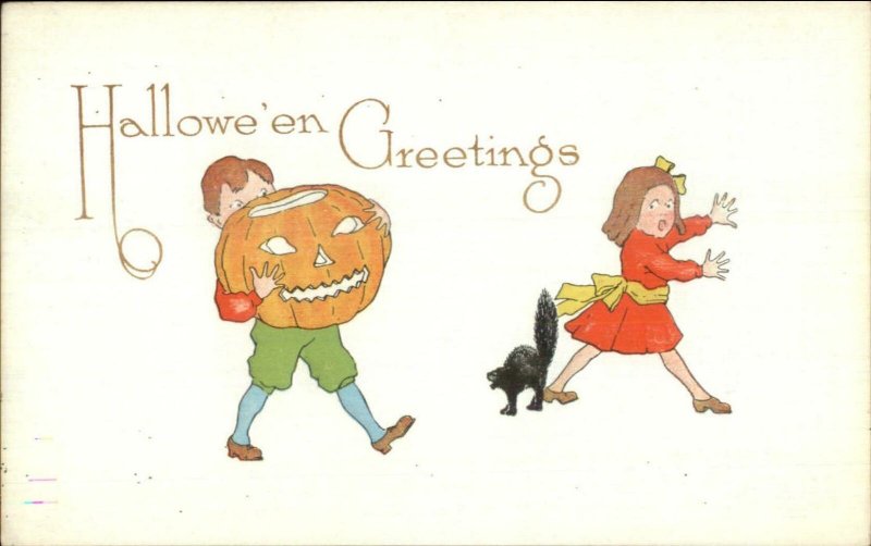 Halloween Boy w/ JOL Chasing Girl c1910 Pink Perfection Postcard