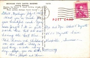 Michigan State Capitol Building Lansing MI Postcard PM L’vonia Cancel WOB Note  