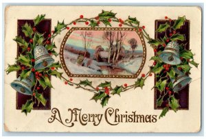 1910 Christmas Ringing Bells Holly Berries Gel Gold Gilt Carney MI Postcard