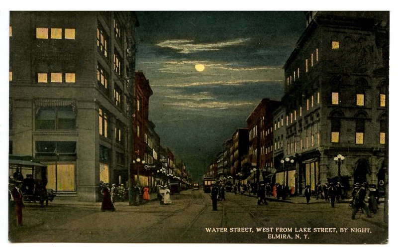 NY - Elmira. Water Street West from Lake Street at Night