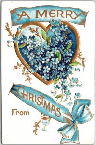 A Merry Christmas Heart with Blue Flowers & Ribbon Embossed Greetings Postcard