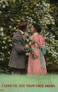 1912 I Long to See Your Face Again Couple with Flowers in Love Romance Postcard