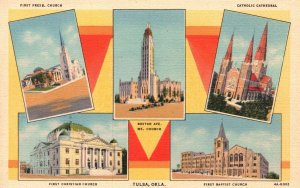 Vintage Postcard 1930's Multi View Famous Landmark Churches in Tulsa Oklahoma OK