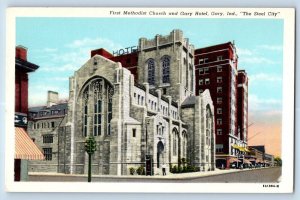 Gary Indiana Postcard First Methodist Church Gary Hotel Steel City Building 1940