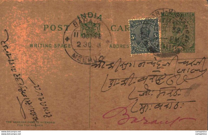 India Postal Stationery George V 9p Meerut cds Baraut cds