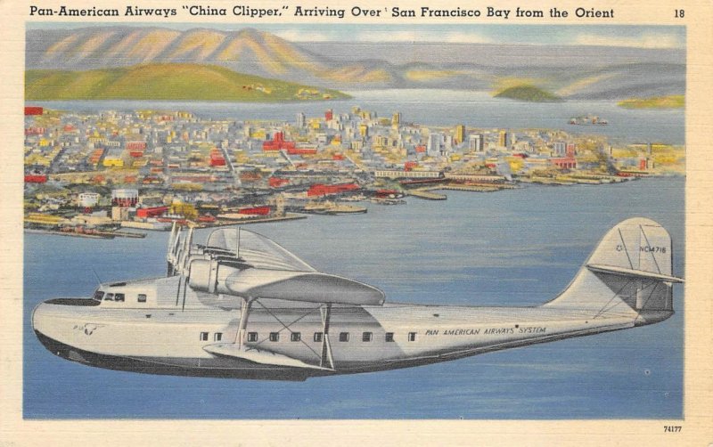 Pan-American Airways China Clipper San Francisco Bay Airplane c1930s Postcard 