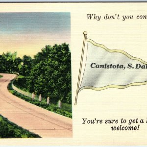 c1930s Canistota, S. Dak. Come Visit Why Not? Welcome Linen Postcard Pennant A69
