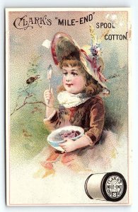 c1880 CLARK'S MILE-END SPOOL COTTON VICTORIAN GIRL BUG CEREAL TRADE CARD P1975