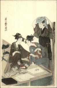 Japan Japanese Art Geisha Women Butterflies & Silk Series c1910 Postcard #3