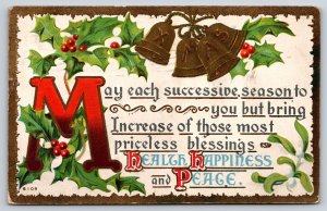 Holiday~Bells Holly & Health Happiness & Peace Greeting~Vintage Postcard