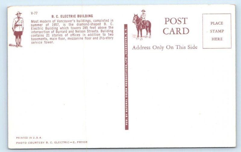 B. C. Electric Building VANCOUVER night scene Canada Postcard