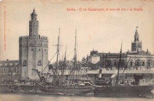 SEVILLA SPAIN~EL RIO GUADALQUIVIR-LA TORRE del oro Y LA GIRALDA~PHOTO POSTCARD