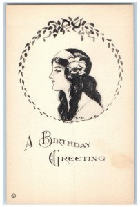 c1910's Birthday Greeting Pretty Woman Curly Hair Unposted Antique Postcard