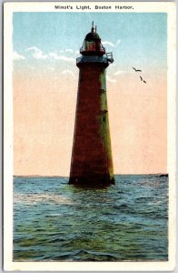 Boston Harbor MA-Massachusetts, Minot's Ledge Light Ocean Ships Old Postcard