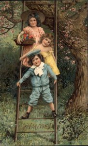 EAS Amitie Little Girl and Boys on Ladder Embossed c1910 Vintage Postcard