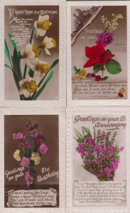 Flowers With Love 4x REAL GLITTER ANTIQUE Greeting Postcard s