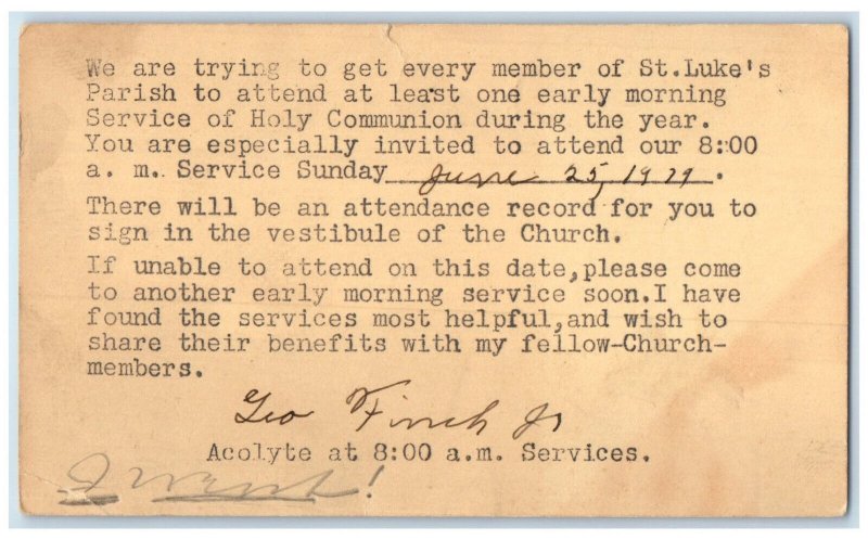 1939 Attend Early Morning Service of Holy Communion Atlanta GA Postal Card