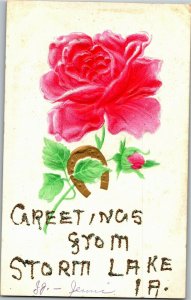 Greetings from Storm Lake IA Glittr Embossed Rose Horseshoe Vintage Postcard B68