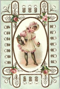 1880's Embossed Floral Border Lovely Girl Victorian Trade Card P120