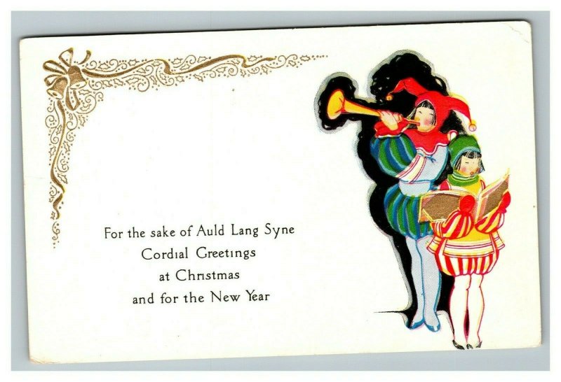 Vintage 1920's Christmas Postcard Jester Blows Horn Cute Girl Sings Carols Poem