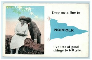 1911 Norfolk Blue Colored Pennant, Drop me a Line to Letter Antique Postcard 