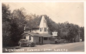 PC1/ Otter Lake New York RPPC Postcard c1940s Lighthouse Cabins  423