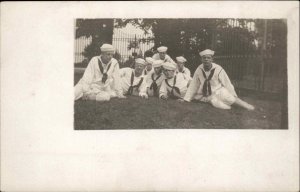 Navy Sailors Pose on Lawn Great Lakes Training on Back 1912 RPPC