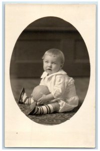 c1910's Cute Little Boy With Ball Studio Portrait RPPC Photo Antique Postcard