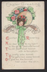 Easter Greeting Easter Reveries Little Girl Flowered Bonnet embossed pm1912 ~ DB