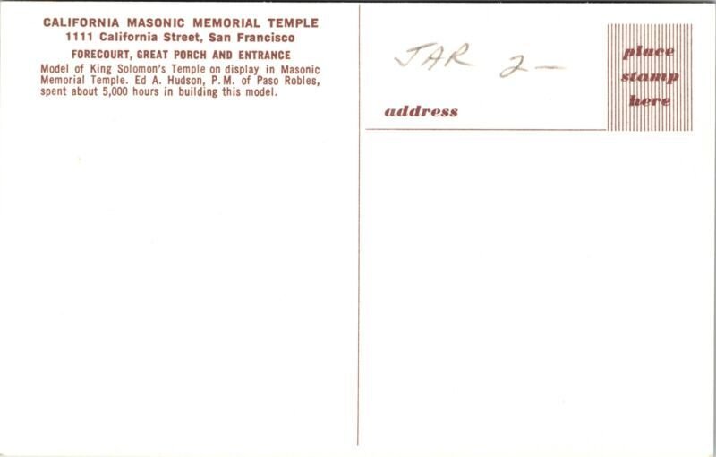 California Masonic Temple Temple Model San Francisco CA Chrome Postcard