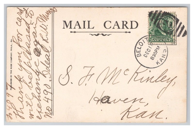 Postcard Catholic Church Beloit Kansas c1907 Postmark