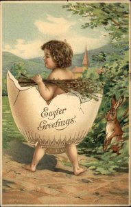 Easter Fantasy Bare Butt Kid Hatches Egg c1910 Gilt Embossed Postcard #2