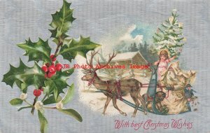 Christmas, Winsch, White Robe Santa & Angel on Reindeer Drawn Sleigh