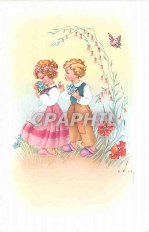 Postcard Old Children Butterfly Flowers