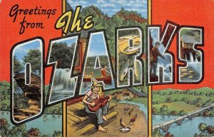 THE OZARKS Large Letter Linen Hillbilly Guitar Arkansas c1940s Vintage Postcard