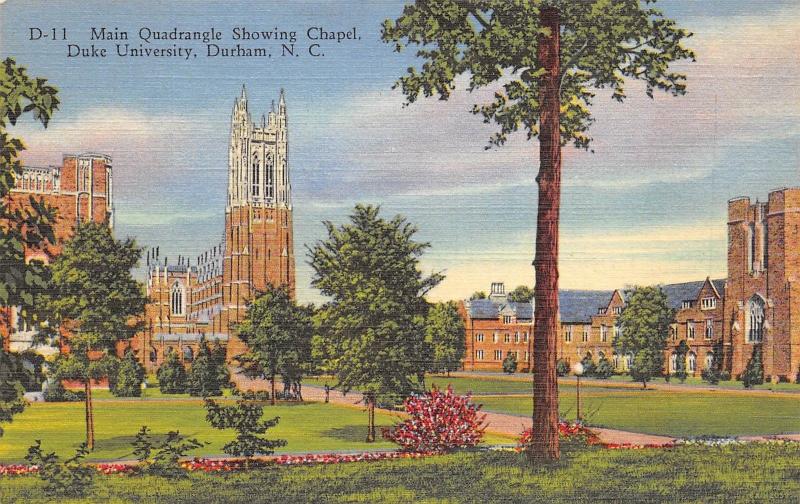 Durham North Carolina 1940s Postcard Duke University Main Quadrangle